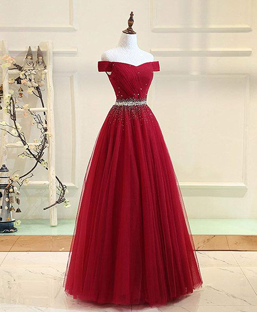 Charming Burgundy Tulle Long Prom Dress,Off The Shoulder Evening Dress,Bead Pleated Tulle Party Dress