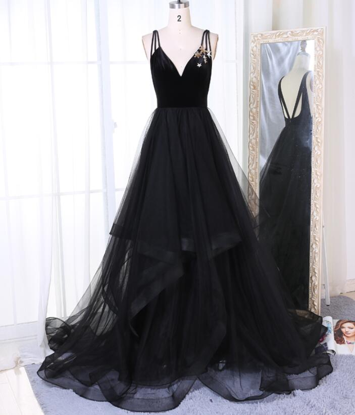 Simple Black Tulle V Neck Long Prom Dress, Black Evening Dress on Luulla