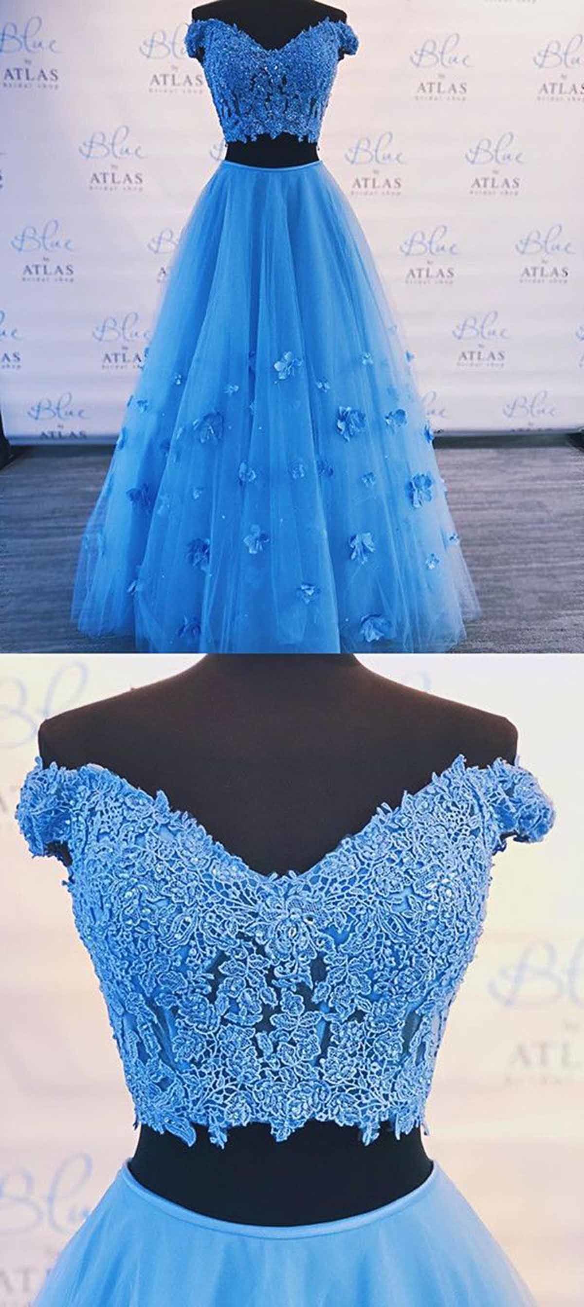 Two Pieces Off Shoulder Prom Dress, Blue A-Line Beaded Prom Dress, KX623