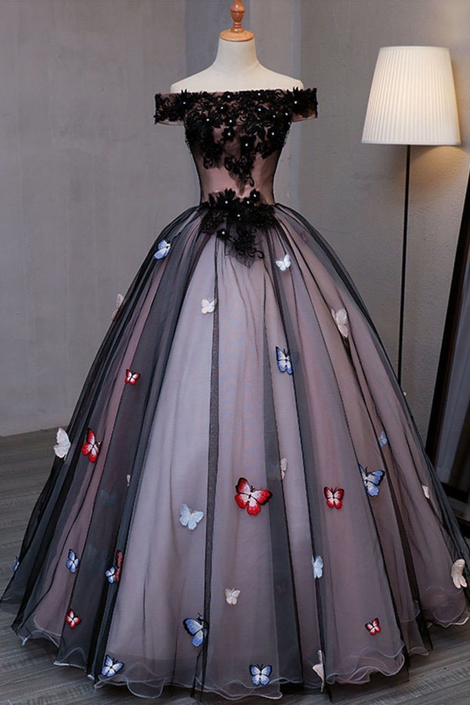 Black Prom Dresses Butterfly Appliqued 