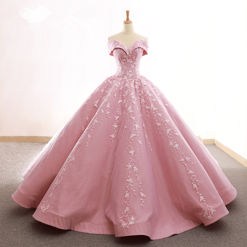 Charming Pink Applique Prom Dress,off The Shoulder Long Wedding Dress