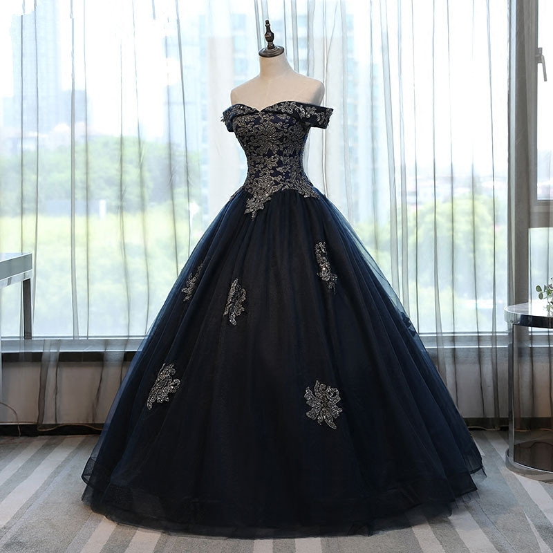 Black Off The Shoulder Appliques Ball Gown,tulle Lace Prom Evening ...