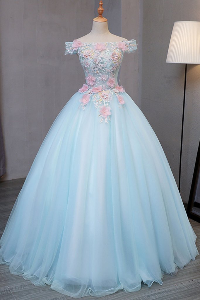 Light Blue Off Shoulder Tulle Princess Sweet 16 Dresses Gorgeous Blue