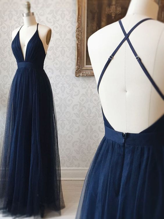 A Line V Neck Backless Dark Navy Blue Navy Blue Backless Prom Dresses main image 1