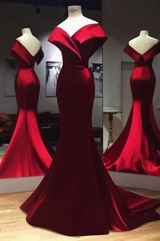Burgundy V-Neck Satin Long Prom Dress, Mermaid Off Shoulder Evening Dress with Bow main image 0
