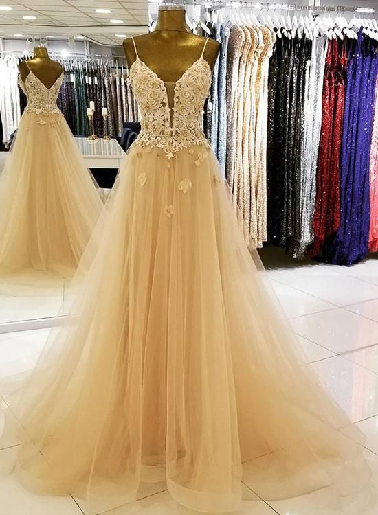 Champagne Tulle Lace Long Prom Dress, Lace Evening Dress