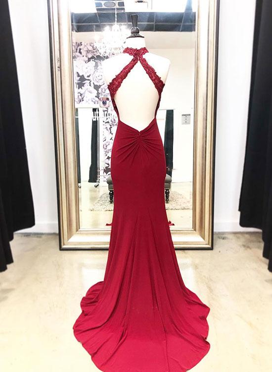 Burgundy Lace Long Backless Prom Dress, Mermaid Evening Dress on Luulla