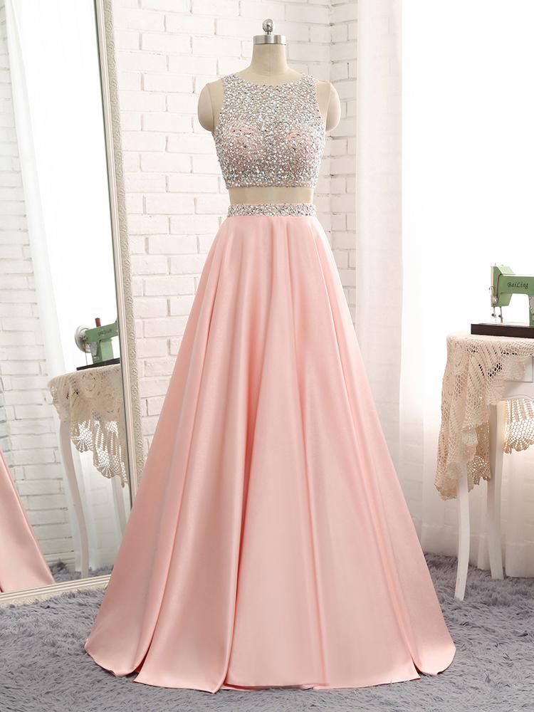 Pink Satin Two Piece Backless Prom Dress on Luulla