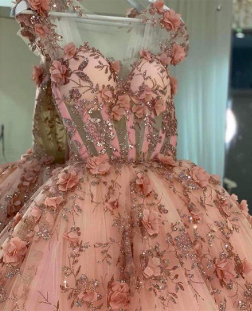 Ball Gown Light Pink Tulle Ruffles Appliques Prom Dresses LBQ1550 main image 1