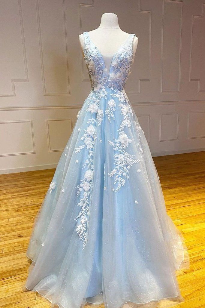 Blue Prom Dress V Neck Lace Tulle Long Evening Dress