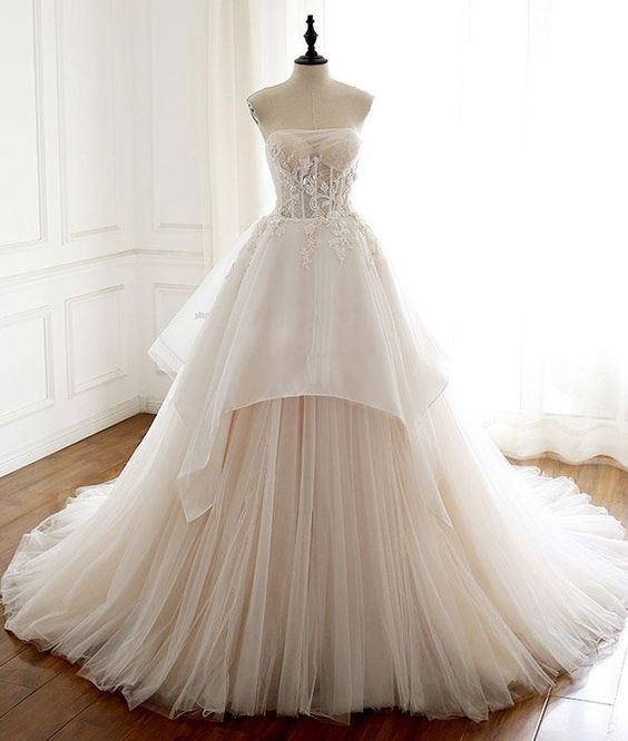 Spd1073,ivory Strapless A-line Tulle Long Prom Dresses,lace Wedding Gown