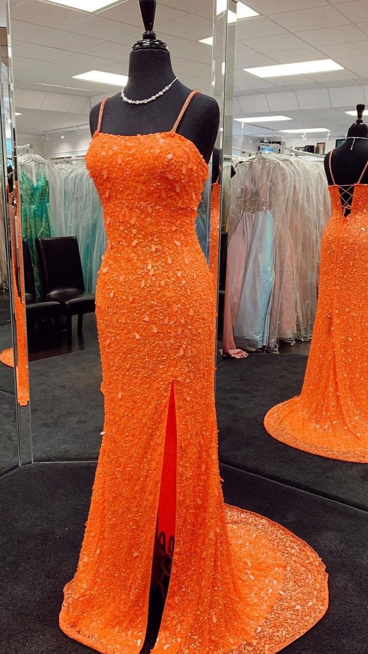 SQOSA Spaghetti Straps Orange Sequins Appliques Long Prom Dress with Slit QP2551 US16 / Orange