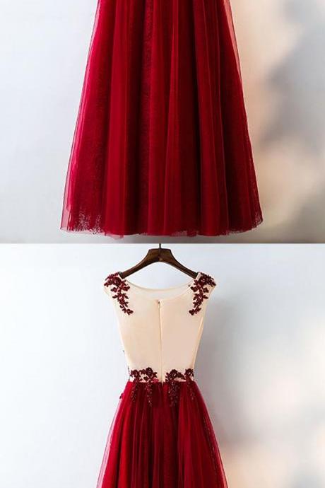 New Fashion Burgundy Long Prom Dress, Floor Length Appliques Beaded Party Dresses,Tulle Evening Dress ,Open Back Sexy Prom Dress