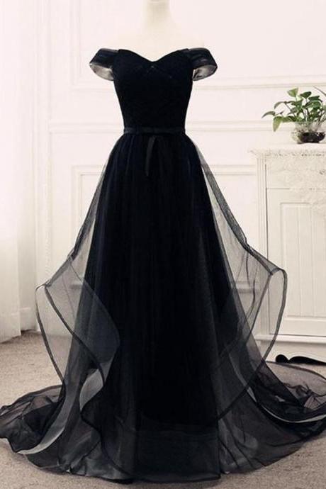 Black tulle sweetheart neck off shoulder customize long ruffles evening dresses