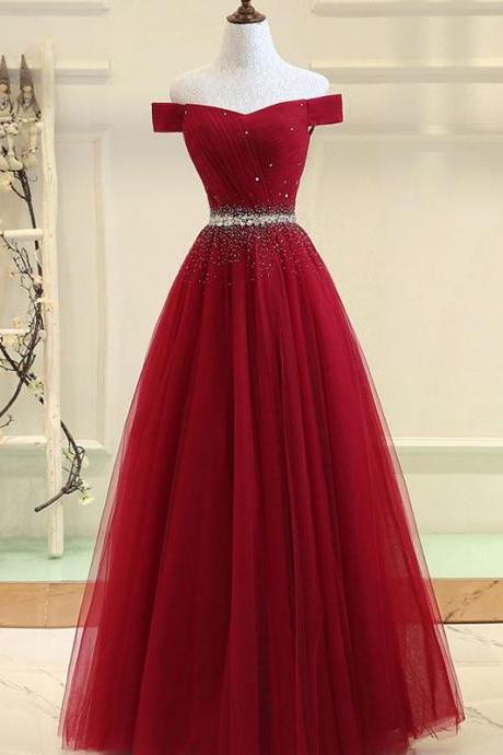 Charming Red Beaded Prom Dress,Off Shoulder Pleated Evening Party Dress,Floor Length Tulle Prom Dress
