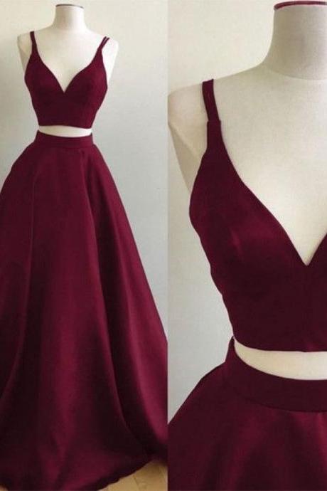 Burgundy Two-Piece Prom Dresses Straps Sleeveless Puffy A-line Evening Gowns
