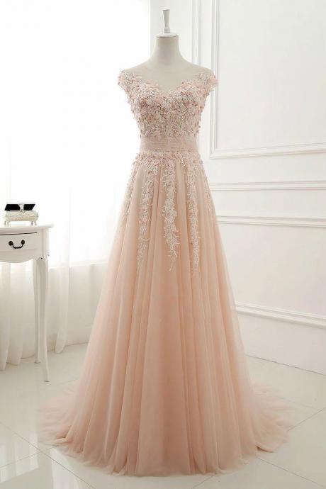 PINK ROUND NECK LACE APPLIQUE TULLE LONG PROM DRESS, TULLE EVENING DRESS
