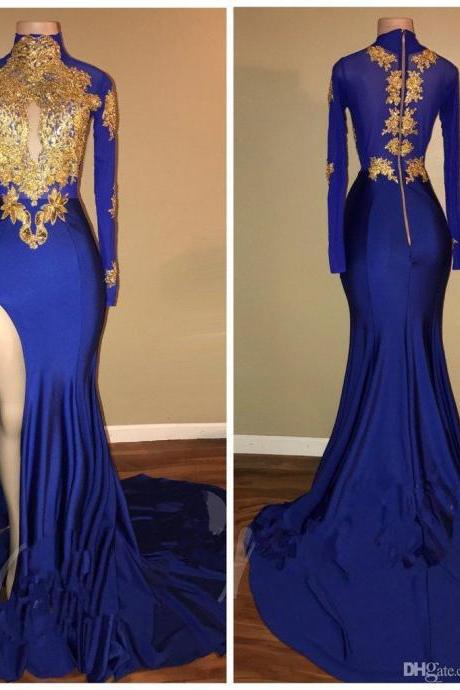 Elegant Royal Blue 2018 Prom Dress Mermaid Long Sleeve With Appliques