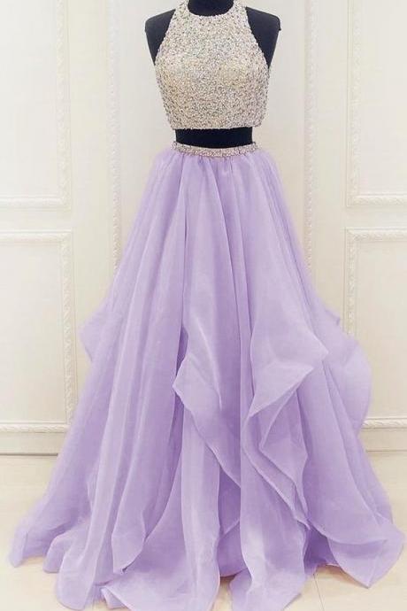 Elegant Homecoming Dress,Long Beaded Prom Dress,Sleeveless Two Piece Prom Dresses,Sexy Prom Gown,Evening Party Dress