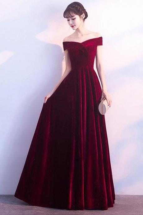Burgundy v neck velvet long prom dress, off shoulder evening dress,floor length prom dress