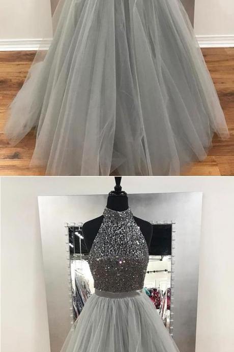 2018 gray tulle long sliver sequins prom dresses, long evening dress