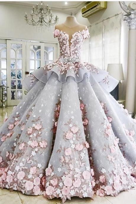 Cheap Beautiful Long Ball Gown Prom Dresses, Grey Sleeveless With Applique Cathedral Train Prom Dresses