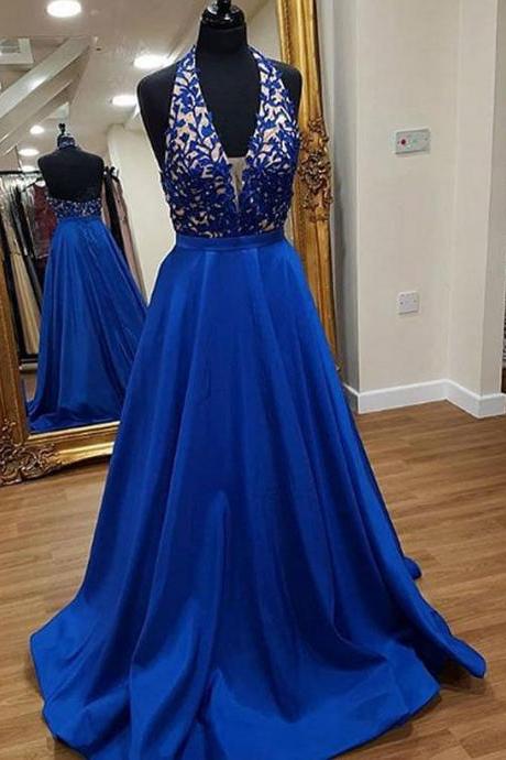 Stylish A-Line Halter Royal Blue Long Prom/Evening Dress With Appliques