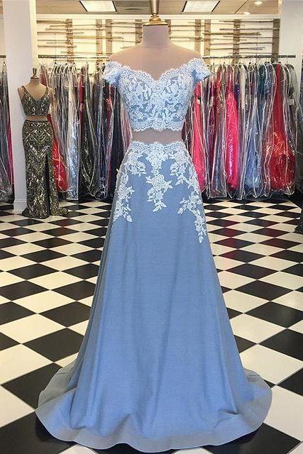 Light Blue Lace Prom Dresses with Cap Sleeve 2018 Two Piece Prom Party Gowns Appliques