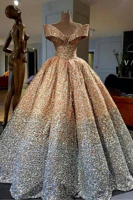 Luxury Beaded Prom Dress,Off Shoulder Sleeveless Evening Gown,Full Beaded Shining Ball Gown