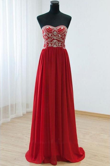 Sale Comely Long A-line/Princess Evening Dresses, Red Sleeveless With Beaded/Beading Sweep train Evening Dresses