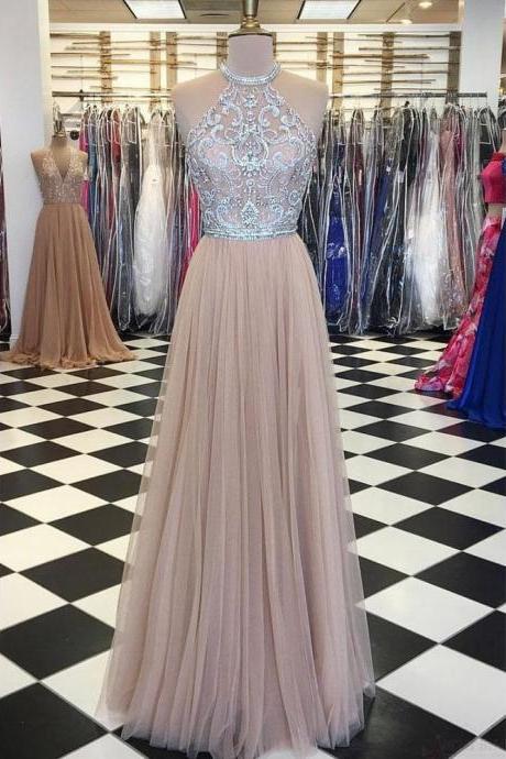 Pink round neck lace applique tulle long prom dress, tulle evening dress