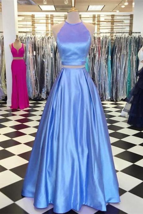 Halter Neck Floor Length Two Piece Prom Dresses With Pocket