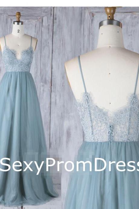Dusty Blue Tulle Dress,Wedding Dress,Lace Illusion Back Party Dress,Spaghetti Strap Maxi Dress,A Line Evening Dress