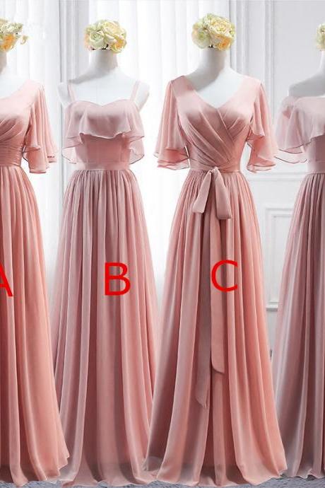 Pink Long Chiffon Bridesmaid Dress,Mismatched Wedding Party Dresses, Cute Formal Dress, Chiffon Long Gowns