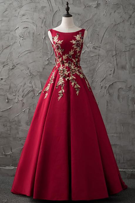Red Appliques Beaded Prom Dress,A-Line Evening Dress,Floor Length Party Dress