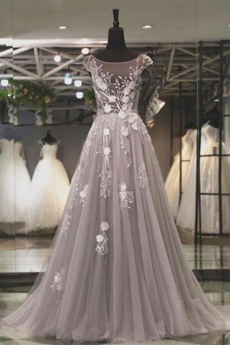 Unique tulle lace applique long prom dress, tulle evening dress