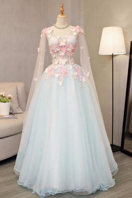 Sky blue tulle long A-line dress, long V neck butterfly party dress