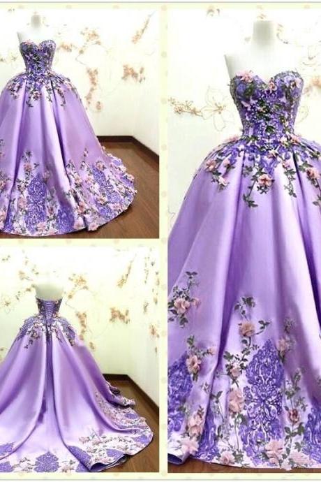 Luxury Purple Ball Gown Evening Dresses 3D-Floral Appliques Flower Lace Formal Prom Gowns Sweetheart Sleeveless Long Party Dress