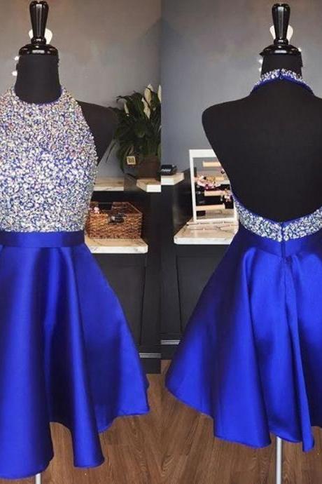 halter homecoming dress,beaded prom gowns,short prom dress 2018,royal blue homecoming dress,graduation dress,short cocktail dress,party dress