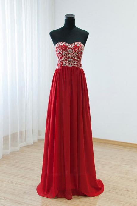 Red Beaded Embellished Sweetheart Floor Length Chiffon A-Line Prom Dress Featuring Sweep Train 