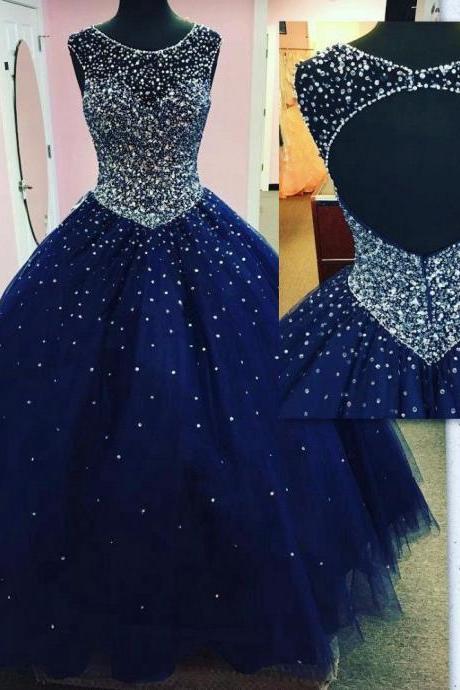 Modest Sparkly Dark Blue Prom Dress Quinceanera Dresses Masquerade 2018 Sheer Neck Open Back Bling Crystal Pageant Dresses For Sweet 16