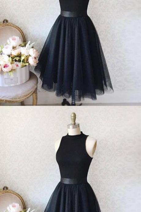 Vintage A-Line High Neck Sleeveless Knee-Length Black Homecoming Dress With Belt