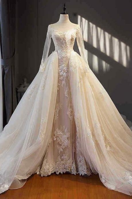 Unique champagne tulle lace long prom dress, champagne wedding dress