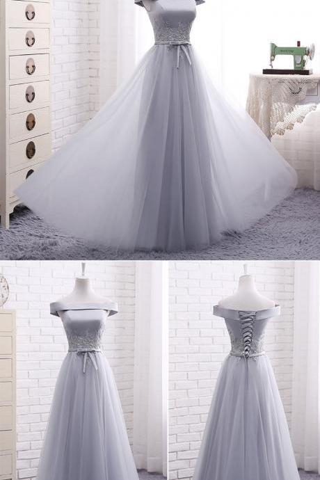 Elegant A line gray off shoulder long prom dress, short evening dresses,Formal Evening Gown