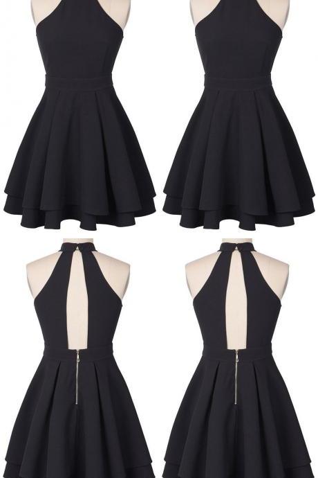 Cute Black Homecoming Dress,Halter Mini Short Prom Dress