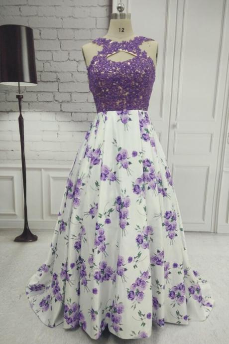 A-Line Sleeveless Printing Lace Prom Dress,Halter Purple Beaded Evening Dresses