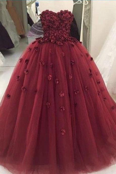 Burgundy tulle prom dress,sweetheart neck long 3D lace appliqué ball gown, long tulle evening dress