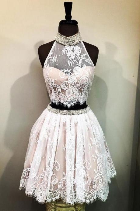 Hot Sale Light Pink Lace Homecoming Dress,Halter Beaded Mini Party Dress,Two Pieces Prom Gown for Teen
