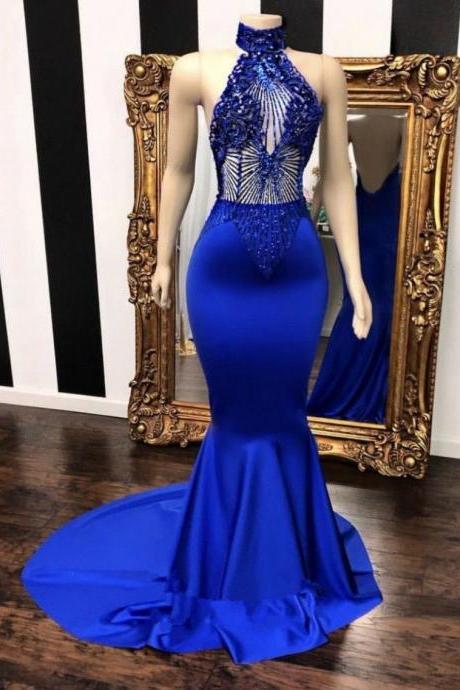  High Neck Halter Illusion Beaded Royal Blue Satin Mermaid Long Prom Dress