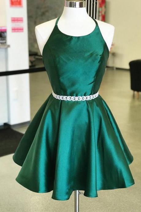 Cute Dark Green Beaded Homecoming Dresses,A-Line Mini Halter Party Dresses,Beading Belt Graduation Dresses